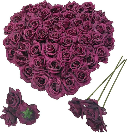 Artificial Satin Rose Flower Heads,48 Pcs Silk Rose Heads with Stems,3.3'' Rose Artificial Flowers Bulk,Artificial Rose Flower Heads for DIY Crafts Bouquet (48, Burgundy)