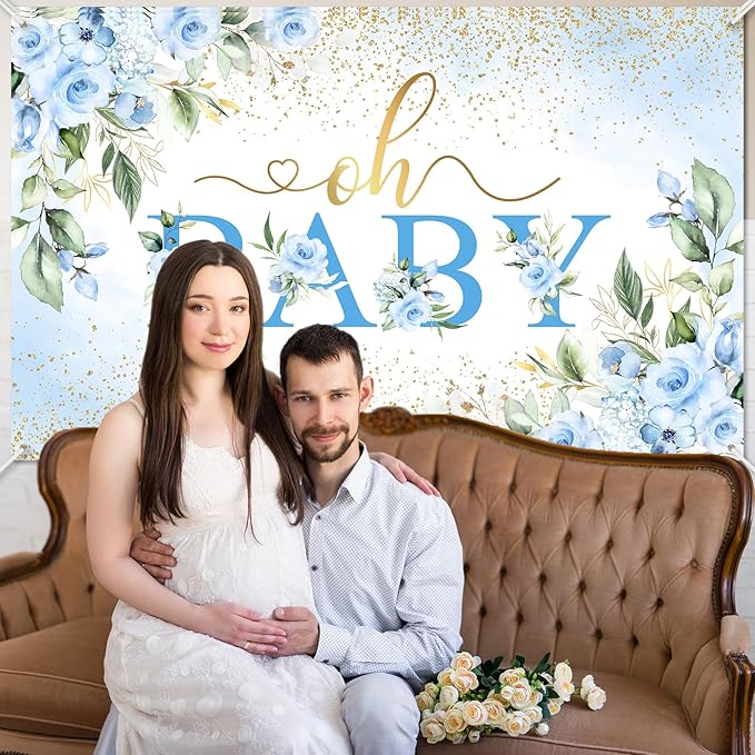 Mocsicka Oh Baby Backdrop Blue Floral Baby Shower Banner for Boys Party Decorations Photo Booth Props (Blue, 6x3.6ft)