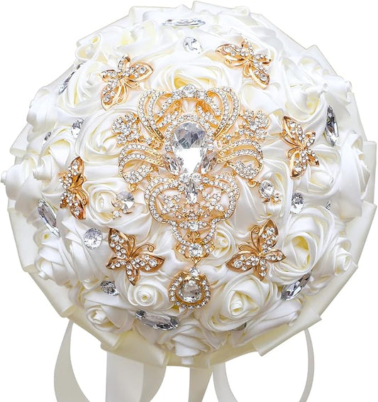 Handmade Brooch Wedding Flowers Bridal Bouquets Crystal Bride Holding Bouquet White Ivory Satin Roses with Diamond Pearl Ribbon (Luxury-Glod)