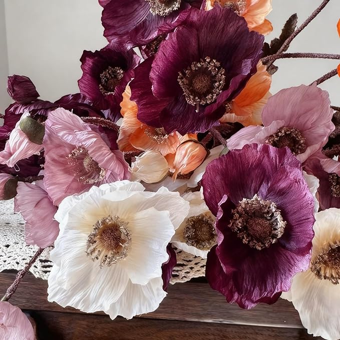 ASTRYAS 8Pcs Artificial Poppy Flowers Poppies Artificial Flowers with Stems Silk Flower Arrangements for Wedding Centerpieces Home Table Bridal Shower Party Decorations Fall Flowers