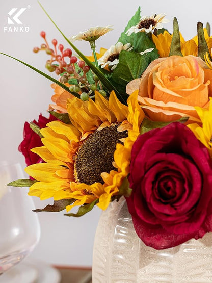 FANKO Artificial Flowers Light Orange Rose: Mixed Fake Silk Flowers Combo Red Rose Sunflower White Daisy Assorted Blooms for DIY Wedding Bridal Bouquets/Centerpieces/Home Decor