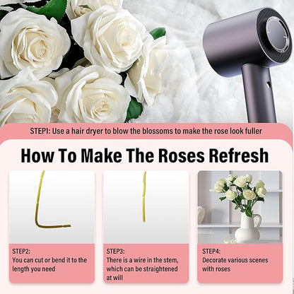 20PCS Artificial Roses with Long Stems - Realistic Silk Flowers, Fake Roses Real Touch Bouquet of Roses for Home Decor, Bridal Wedding Party Table Centerpieces, Bulk Faux Rose Flowers (White)