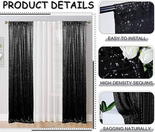 Black Sequin Backdrop 8FTx8FT 1 Panel Sequin Backdrop Curtain for Parties Glitter Backdrop Drapes for Wedding Baby Shower Photography Background