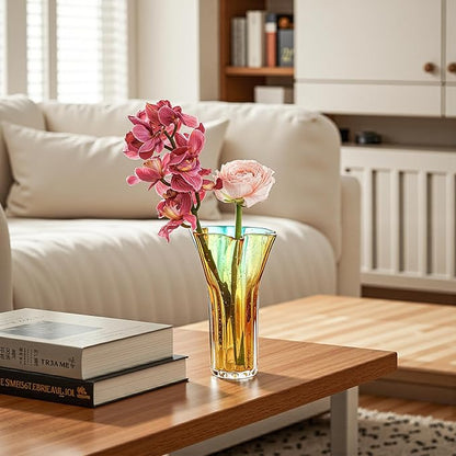 8.5" Blown Glass Vase for Flowers, Modern Ombre Glass Vase for Home Decor, Flower Vases Decorative | Table Centerpiece, Olive Plant, Wedding, Living Room, Bookshelf, Office, Entryway