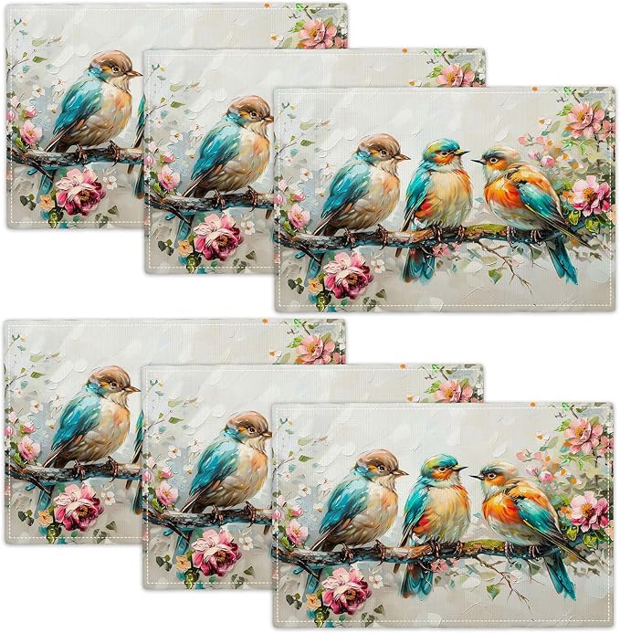 Botanical Birds Placemats Set of 6 Bird Pictures Farmhouse Rustic Flower Kitchen Mats Waterproof Washable Table Mats for Kitchen Dining Decoration 6 PCS