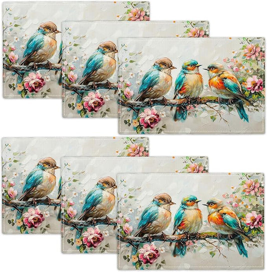 Botanical Birds Placemats Set of 6 Bird Pictures Farmhouse Rustic Flower Kitchen Mats Waterproof Washable Table Mats for Kitchen Dining Decoration 6 PCS