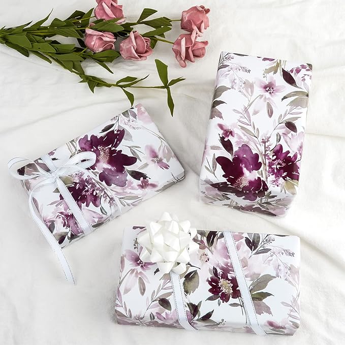 WRAPAHOLIC 30 Inch Floral Wrapping Paper - 30 Inch X 33 Feet - Purple Flower Wrapping Paper for Wedding, Birthday, Valentines' Day, Baby Shower, Anniversary, Bridal Shower