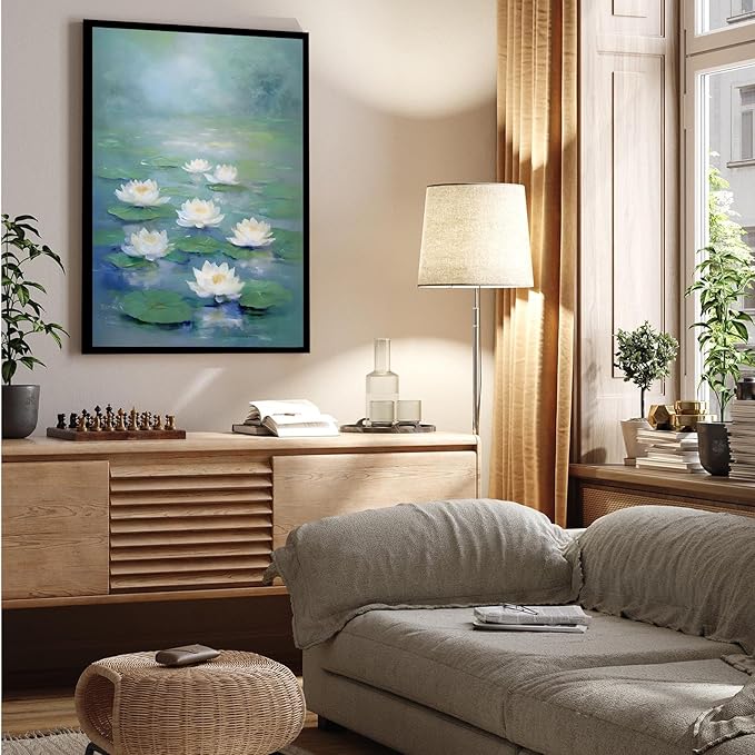 Zen wall art Delicate white lotus flower floating on calm water Vintage oil painting print Serene aquatic wall art creates a tranquil home decor 8x12in Metal blackFramed