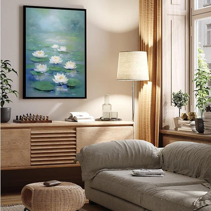 Zen wall art Delicate white lotus flower floating on calm water Vintage oil painting print Serene aquatic wall art creates a tranquil home decor 8x12in Metal blackFramed
