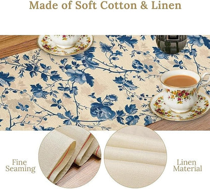 Vintage Floral Table Runner, Retro Blue Flowers Farmhouse Design Table Runner for Kitchen Dining Holiday Party Decor, 13x108 Inch