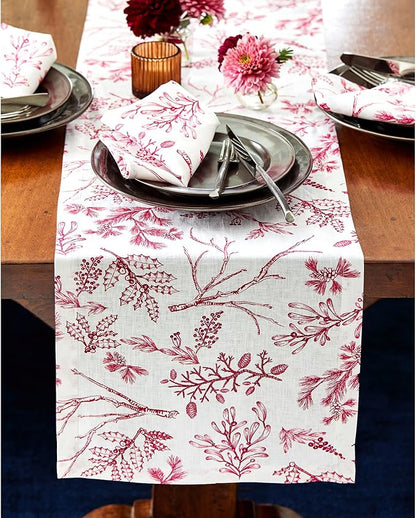 Solino Home 100% Pure Linen Christmas Table Runner 156 Inches Long - Red/White Table Runner 14 x 156 Inch - Handcrafted and Machine Washable - Winter Forest Print