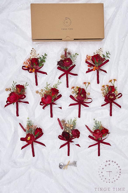 TINGE TIME Boutonniere for Men Wedding,Groom and Best Man Boutonniere for Wedding Ceremony Anniversary, Formal Dinner Party and Rustic Spring Wedding Marriage (10, Deep Red)