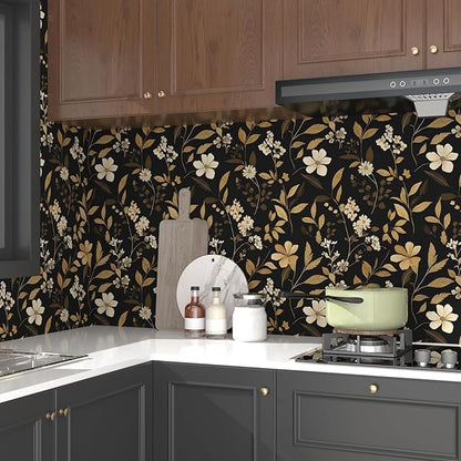 Black Floral Wallpaper Peel and Stick Gold Leaf Contact Paper 17.4" x 118" Boho Wallpaper Waterproof Self Adhesive Wall Covering for Bedroom Countertop Desk Cabinets Decor