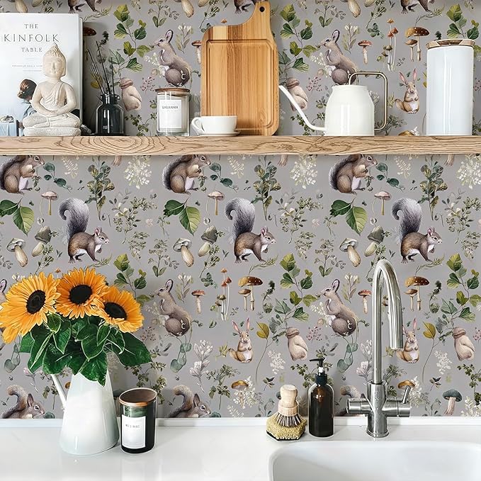 Whimsical Peel and Stick Floral Animal Wallpaper Squirrel Rabbit Removable Botanical Leaf 17.7" x 236.22" Wall Paper Watercolor Self Adhesive Contact Paper for Classroom Bedroom laundry room bathroom