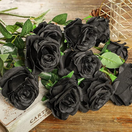 Kisflower 12PCS Black Roses Artificial Flowers Fake Roses Glitter, Silk Roses with Stems Realistic for Halloween Decorations Wedding Party Office Home Decor (Black)