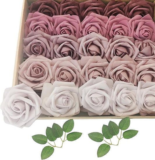 Artificial Fake Flowers 25pcs Roses, Shade of Light Purple Foam Rose Faux Flower for DIY Wedding Bouquet Bridal Shower Centerpieces Floral Arrangements Party Table Home Decorations