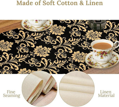 Gold Damask Table Runner,Gothic Antique Victorian Floral Boho Table Runner for Home Kitchen Table Dining Garden Farmhouse Wedding Party Decor 13x36 Inch