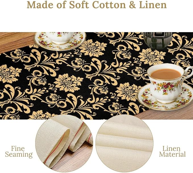 Gold Damask Table Runner,Gothic Antique Victorian Floral Boho Table Runner for Home Kitchen Table Dining Garden Farmhouse Wedding Party Decor 13x60 Inch