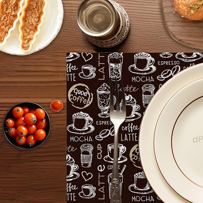 Coffee Placemats Set of 6,Washable Heat Resistant 12×18 Inch Linen Table Mats Funny Place Mats for Party Outdoor Dining Décor