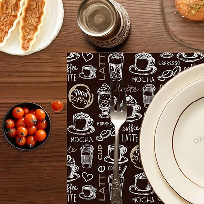 Coffee Placemats Set of 6,Washable Heat Resistant 12×18 Inch Linen Table Mats Funny Place Mats for Party Outdoor Dining Décor