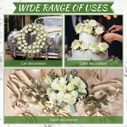 Zeyune 12 Pack Wedding Bridesmaids Bouquets 7 Inch Artificial Rose Bouquets Silk Flowers with Stems Fake Floral Bundles Bulk for Wedding Bridal Shower Party Centerpieces Home Decor(White Green)