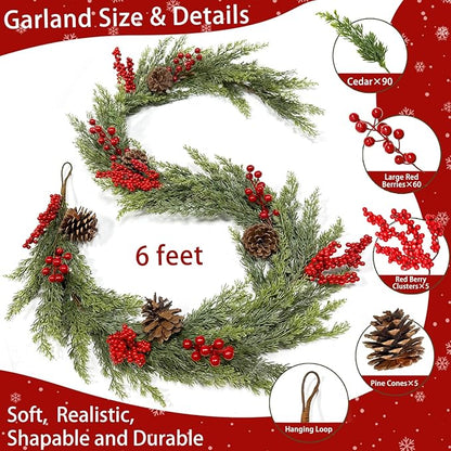 6 Ft Christmas Garland - Real Touch Cedar Garland with Red Berry Clusters Pinecones by 90 Cedar Branches, Realistic Greenery Faux,Christmas Garlands for Mantle Fireplace Table Centerpiece Decor