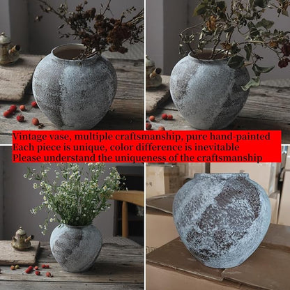 Rustic Distressed Large Ceramic Vase, 8.6 inch Terracotta Pottery Tall Decorative Vases, Concrete Vases Clay Stone Antique Big Vase for Home Decor (Round 8.6 in X 8 in)