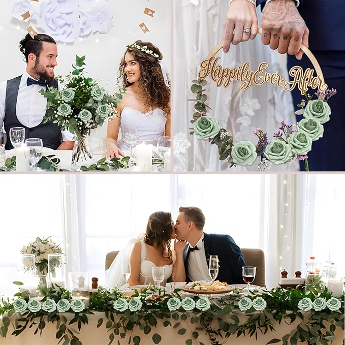 Artificial Flowers 50Pcs Elf Gree Roses Real Looking Foam Fake Roses with Leaves for DIY Wedding Bouquets Bridal Shower Centerpieces Party Decorations (Elf Green, 50)