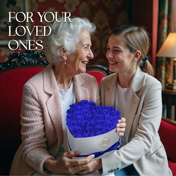 GLAMOUR BOUTIQUE Preserved Roses in a Box - Gifts for Her, Wife & Mom, Rose Flowers Forever Decor for Birthday Gift, Get Well Flower Bouquet Cased in White Box with Cover - Blue - 27-Piece