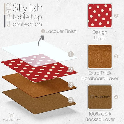 Set of 4 Heat Resistant Cork Placemats for Dining Table with Free Set of 4 Matching Drink Coasters Cream & Red Polkadot Design 16 x 12 Inches Cork Backed Hard Placemats (Red Polkadot)