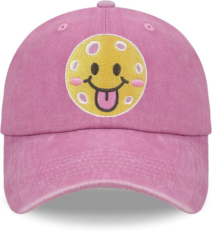 Pickleball Hat for Women Men, Adjustable Embroidered Cotton Smiley Face Washed and Distressed Baseball Cap Pink