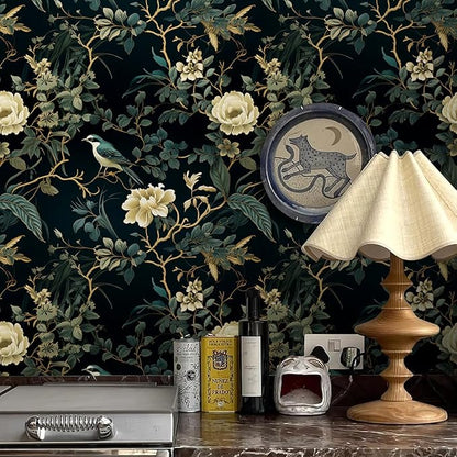Dark Floral Peel and Stick Wallpaper Vintage Floral Contact Paper 16.9inchx196.8inch Flowers Bird Wallpaper Peel and Stick Boho Leaf Self Adhesive Removable for Bathroom Wall Paper Decor
