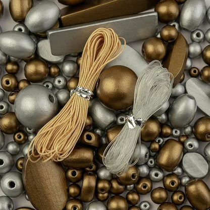 John Bead 90g Craft Beads Silver and Gold Wood Beads with Elastic Nylon Cord