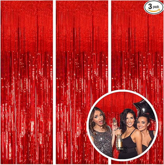 3 Pack Red Party Backdrop Tinsel Streamers Christmas Decorations Foil Fringe Backdrop Curtains Carnival Casino Theme Birthday New Year Holiday Celebration Bachelorette Party Decorations Supplies