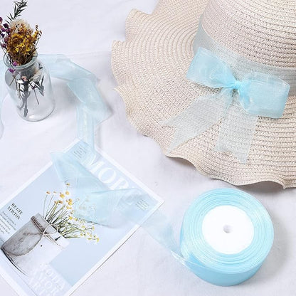 1.5 inch Sheer Organza Ribbon Sky Blue Chiffon Ribbon for Gift Wrapping Christmas Halloween Decoration Wedding Bouquet Crafts 50 Yards