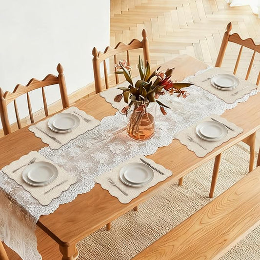 6 PCS Quilted Placemats -13x18 inches, 100% Cotton Placemats with Microfiber Filling, Thick & Washable Place Mats for Durable Use, Rectangular Placemats with Scalloped Edge for Kichen and Dining, Flax