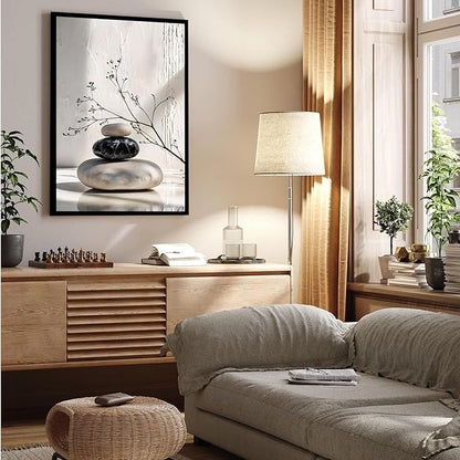 Gray and black stone pile and dried flowers poster canvas wall art in harmony Minimalist wall art for tranquil homes and mindful spaces 24x36in Metal blackFramed