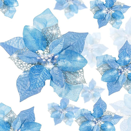 Boao 24 Pieces Christmas Artificial Glitter Poinsettia Flowers Xmas Flowers Wedding Christmas Tree New Year Ornaments(Blue)