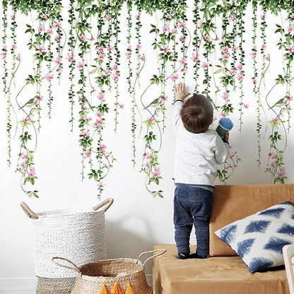 4 Sheets Hanging Vines with Flowers Wall Decals Green Plant Leaves Wall Stickers Pink Cherry Blossom Vine Wall Art Hanging Flower Tree Branches Bird Wall Murals for Kids Bedroom Nursery Decoration 20