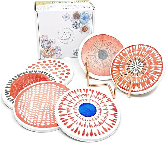 AD Set of 6 Coasters for Drinks Absorbing Round Ceramic Stone Coaster with Cork Base Tabletop Protection Mat for Mugs and Cups,Office,Kitchen (Rose Gold Holder)