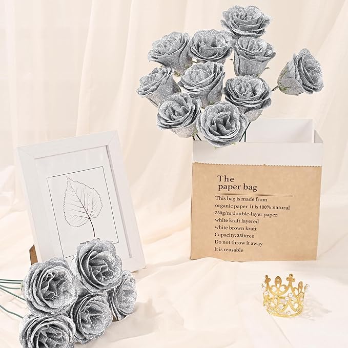 Waipfaru Glitter Roses Bouquet, DIY Fake Flowers Bouquet, Birthday Gifts for Women Mom, 24 Pcs Silver Rose for Grandma Wife Girlfriend Valentines, Mothers Day, Anniversary, Graduation