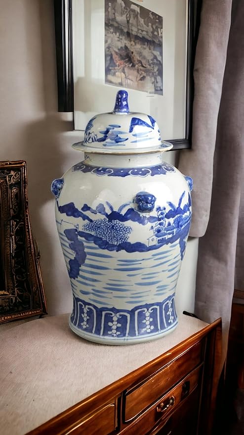 19" Antique Like Finish Blue and White Ginger Jars Porcelain Temple Ceramic Ginger Jar Vase, Antient Landscape China Ming Style, Jingdezhen (L19)