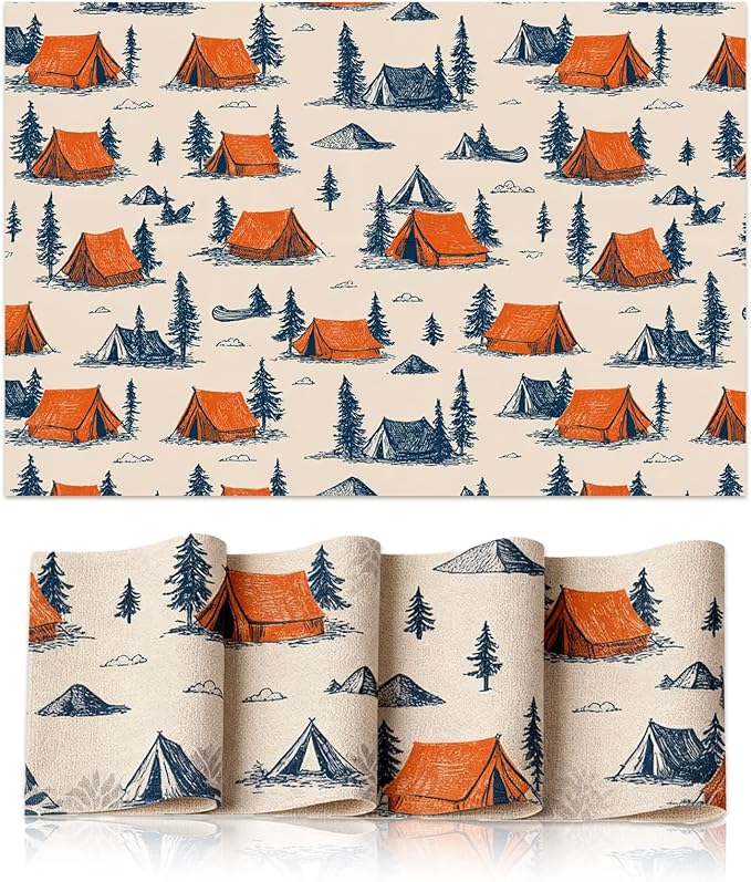 Tent & Pine Tree Dining Room Table Set for 4 Linen Fabric Washable Placemats Set of 4 Table Mats Table Place Mats Picnic Kitchen and Dining Decor for Indoor