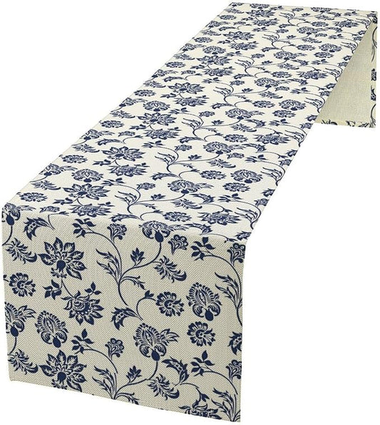 Boho Floral Table Runner, Navy Blue Paisley Flower Traditional Porcelain Vintage Decor Table Runner for Kitchen Dining Party, 13x60 Inch