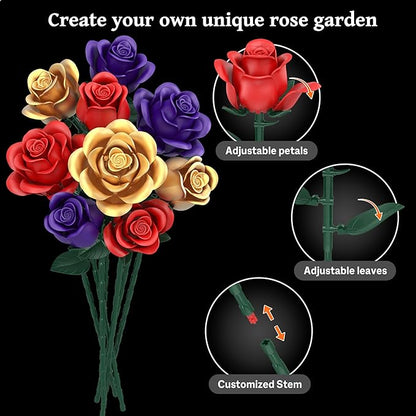 Rose Bouquet Flowers Building Set, 501Pcs Red Purple Golden Roses Artificial Flowers Botanical Collection Compatible with Lego Flowers Home Office Table Decor Valentines Day Xmax Gifts for Mom Women