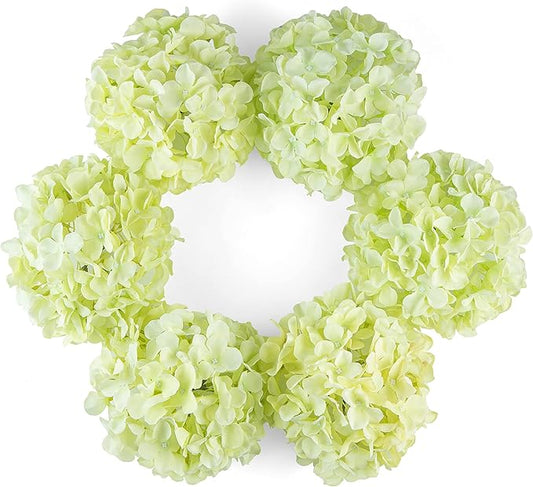 DuHouse Artificial Bigger Silk Hydrangea Flower Heads with Stem Fake Green Hydrangea Flowers for Wedding Home Garden Centerpiece Pack of 6