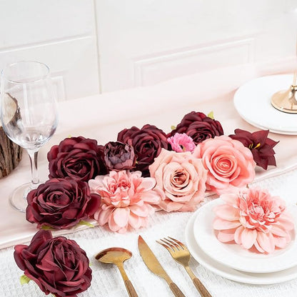 30 Pcs Artificial Flowers Combo Red Flowers Mix Silk Flowers Dahlia Roses with Stems for DIY Wedding Bridal Bouquets, Baby Shower, Floral Arrangement, Table Centerpieces, Home Decorations.