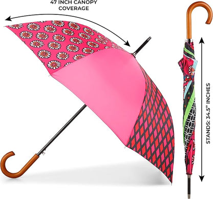 Totes Eco Auto Open Umbrella Classic Wooden J Stick Handle with Easy Grip - Windproof, Rainproof and Durable Canopy Design – Versatile Travel, Perfect for Rainy Days