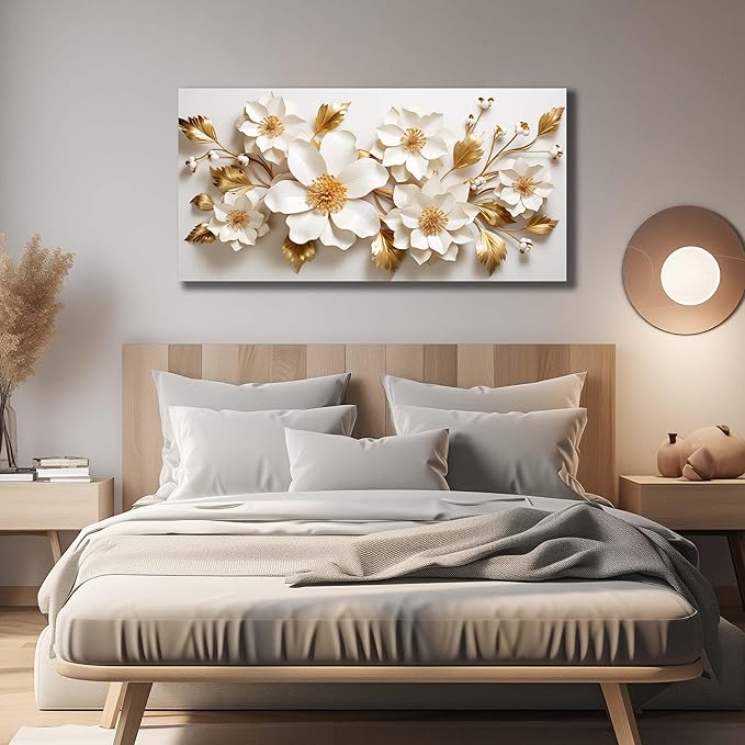 JuhaiArt Gold Wall Decor White 3D Floral Wall Art Elegant Flower Canvas Decor for Bedroom Living Room Office Picture Artwork 24" x 48"