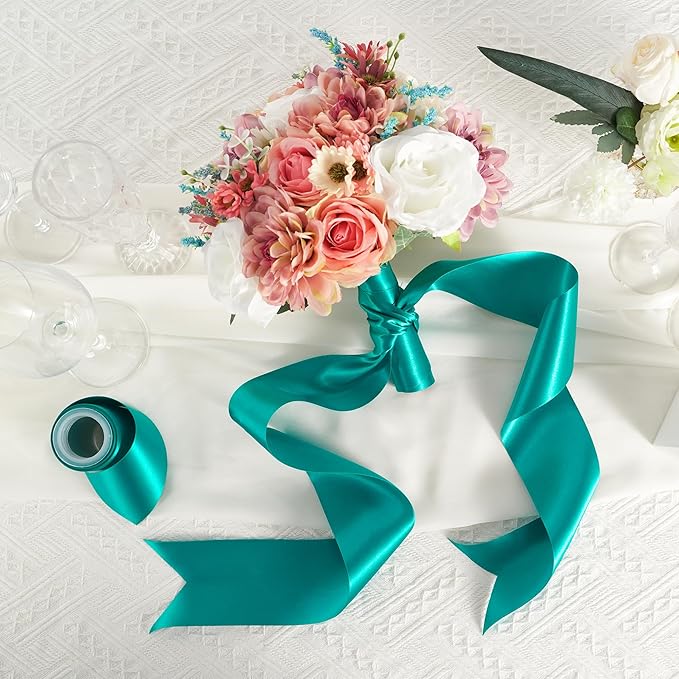 MEEDEE Teal Satin 3 Inch Ribbon Lux Double Faced Satin Ribbon Christmas by 10 Yards Green Ribbons Teal Ribbons for Christmas Tree Decoration, Weddings, Flower Bouquet, Bow Making